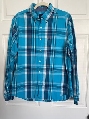 American Eagle Outfitters Bright Turquoise Plaid Button-Down Shirt